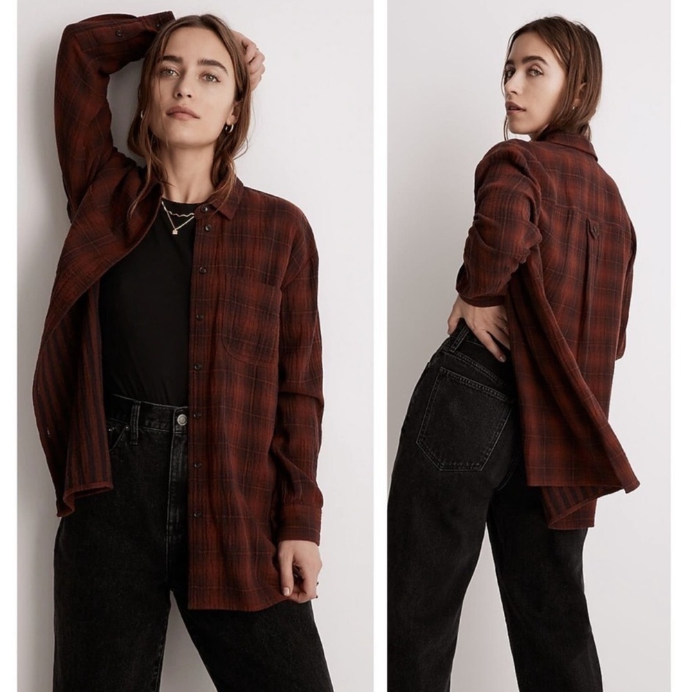 Madewell Oversized Flannel Button Down Shirt Rust Orange Black Plaid Size XS